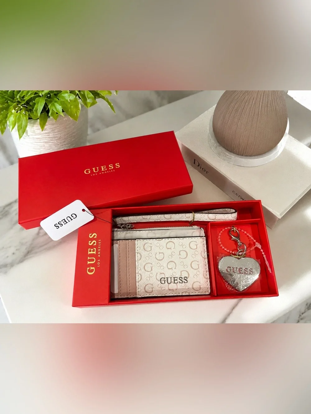 GUESS Wristlet Card Holder & Heart Keychain Gift Set Cream